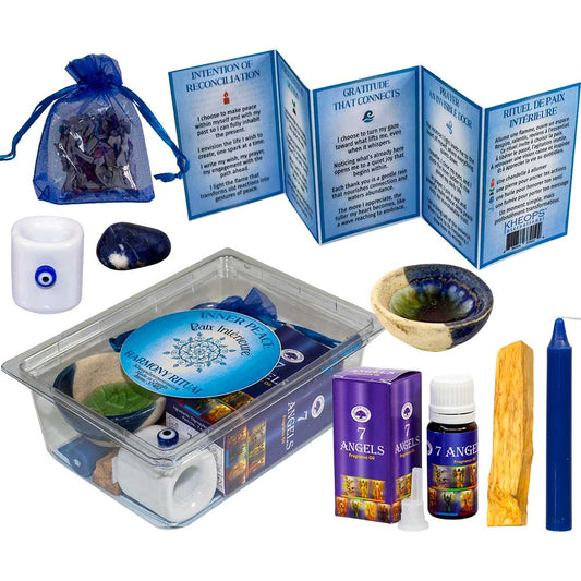 inner peace ritual kit, spiritual calming kit, stress relief ritual set, reiki energy peace kit, self-healing ritual box, balance and harmony ritual kit, meditation ritual set with sage, calming candle and crystal kit, intention setting ritual for peace, self-connection ritual box