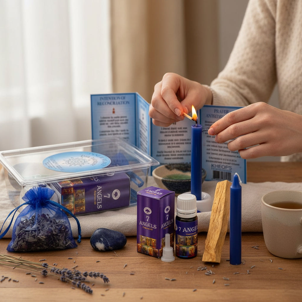 ritual kit, spiritual ritual, intention setting kit, mindfulness kit, meditation kit, energy cleansing kit, healing ritual, self-care ritual, manifestation tools, grounding tools, wellness essentials, chakra balancing, aura cleansing, energy alignment, sacred ceremony, spiritual tools, metaphysical set, inner peace ritual, intention ritual, healing energy, cleansing ritual, high-vibration items, sage bundle, palo santo, crystals, tumble stones, incense, ritual candle, candle magic, essential oil, ceramic bo