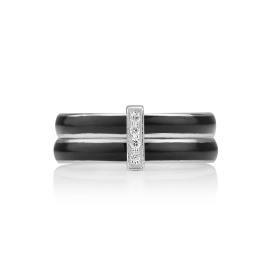 Sterling Silver Anxiety Ring with black enamel spinning bands, encrusted with silver and CZ accents, displayed with complimentary Travel Pouch and Tin"