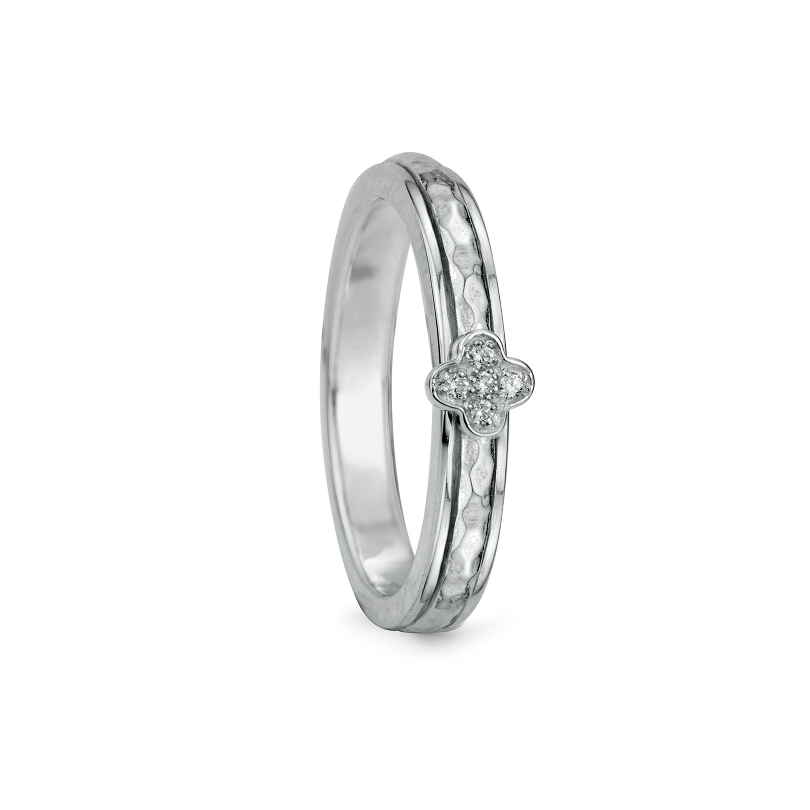 Sterling Silver Fidget Ring with lucky clover and hammered spinning band and CZ Clover element.