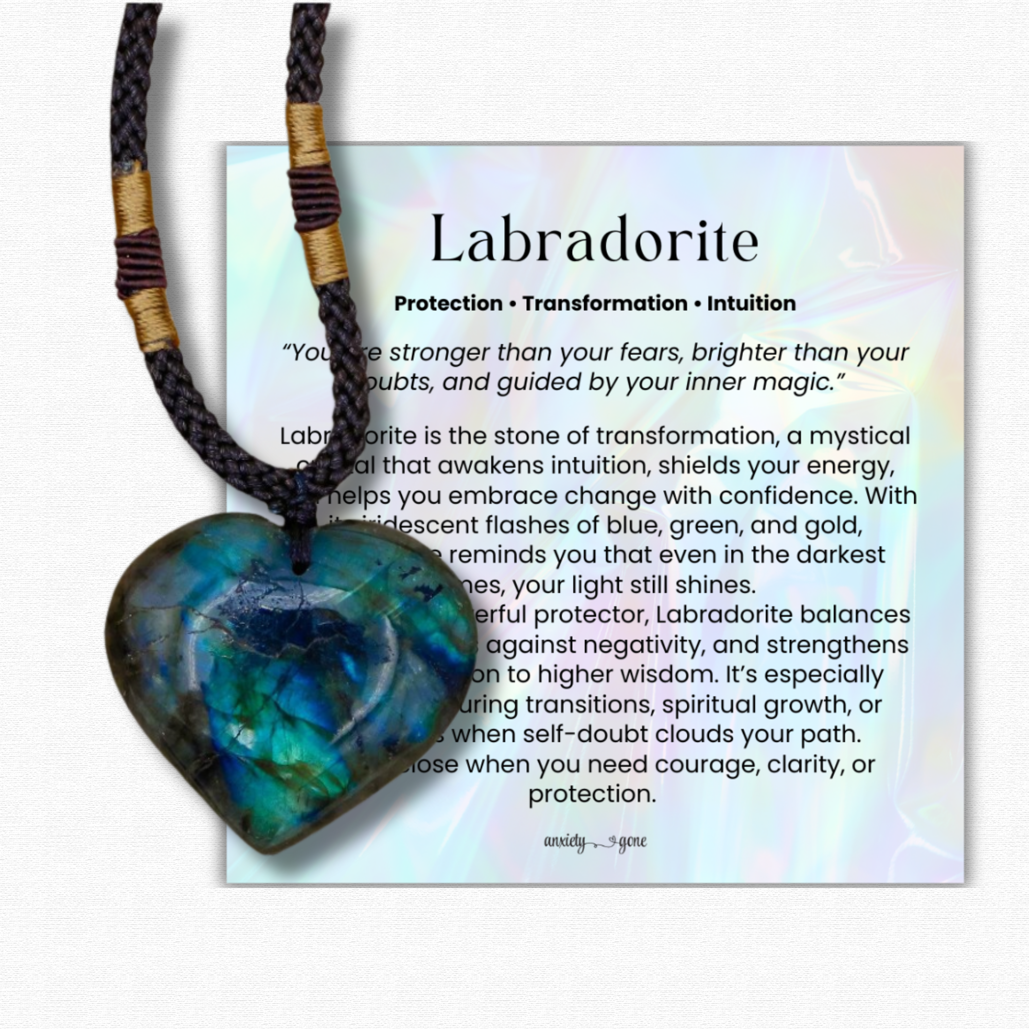 Labradorite Heart Necklace, iridescent blue and green healing crystal pendant, gemstone heart necklace for protection and transformation, labradorite jewelry for intuition and grounding, chakra healing necklace for women and men, spiritual crystal heart pendant gift, labradorite gemstone necklace with braided cord, protective crystal jewelry for energy balance and emotional healing