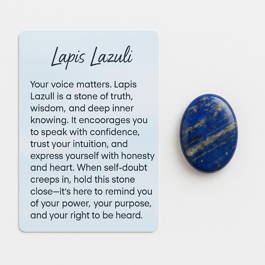 Polished lapis lazuli worry stone for social anxiety, communication, and emotional clarity – natural thumb stone with info card