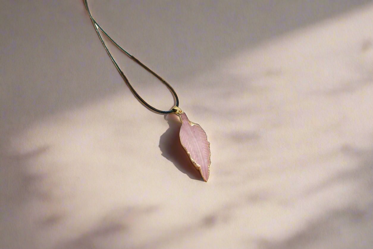 Let Go Rose Quartz Leaf Gemstone Necklace for healing crystals for anxiety, emotional healing, gemstone jewelry, and spiritual gifts.