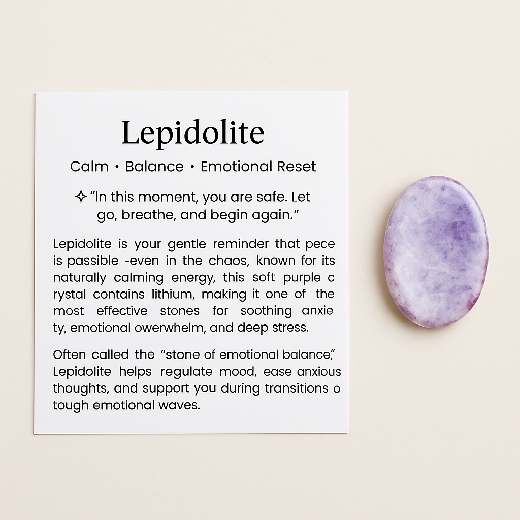 Polished lepidolite worry stone for anxiety, stress relief, and emotional healing – natural thumb stone with info card for calming support