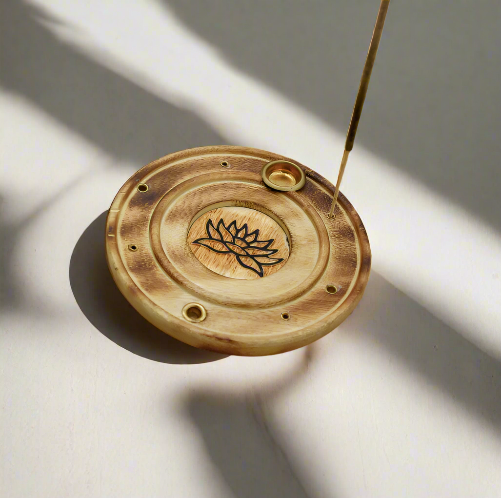 Lotus Incense Holder with wood base and copper lotus flower for incense sticks and cones.
