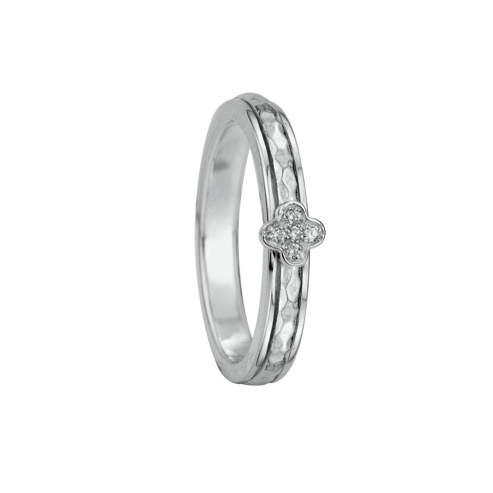 Sterling Silver Fidget Ring with lucky clover and hammered spinning band and CZ Clover element.