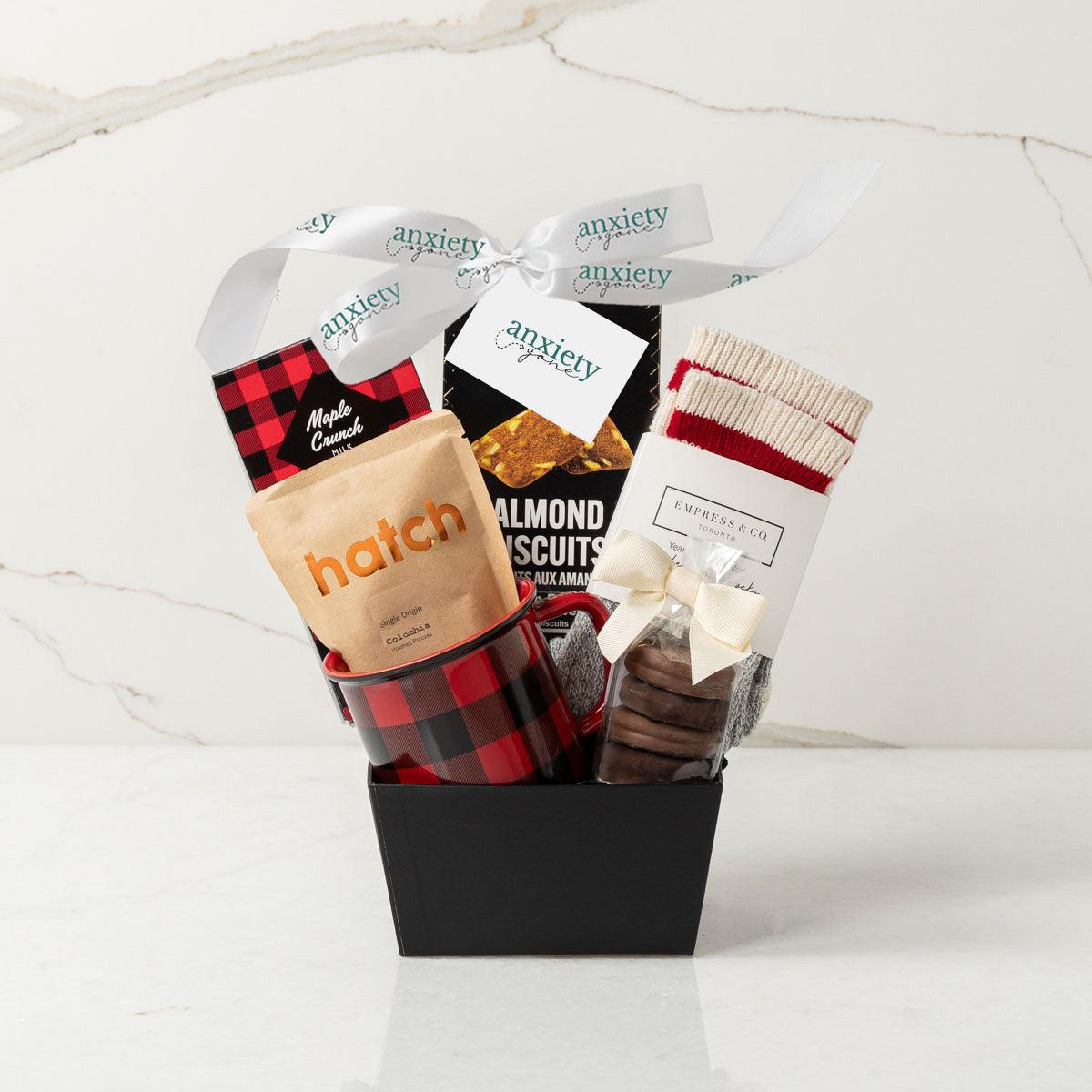 Just For You Wellness &amp; Wishes Gift Basket featuring gourmet treats, specialty coffee, a metal mug, and indulgent chocolates—perfect for thank you gifts, get well soon gifts, and self-care gift baskets.