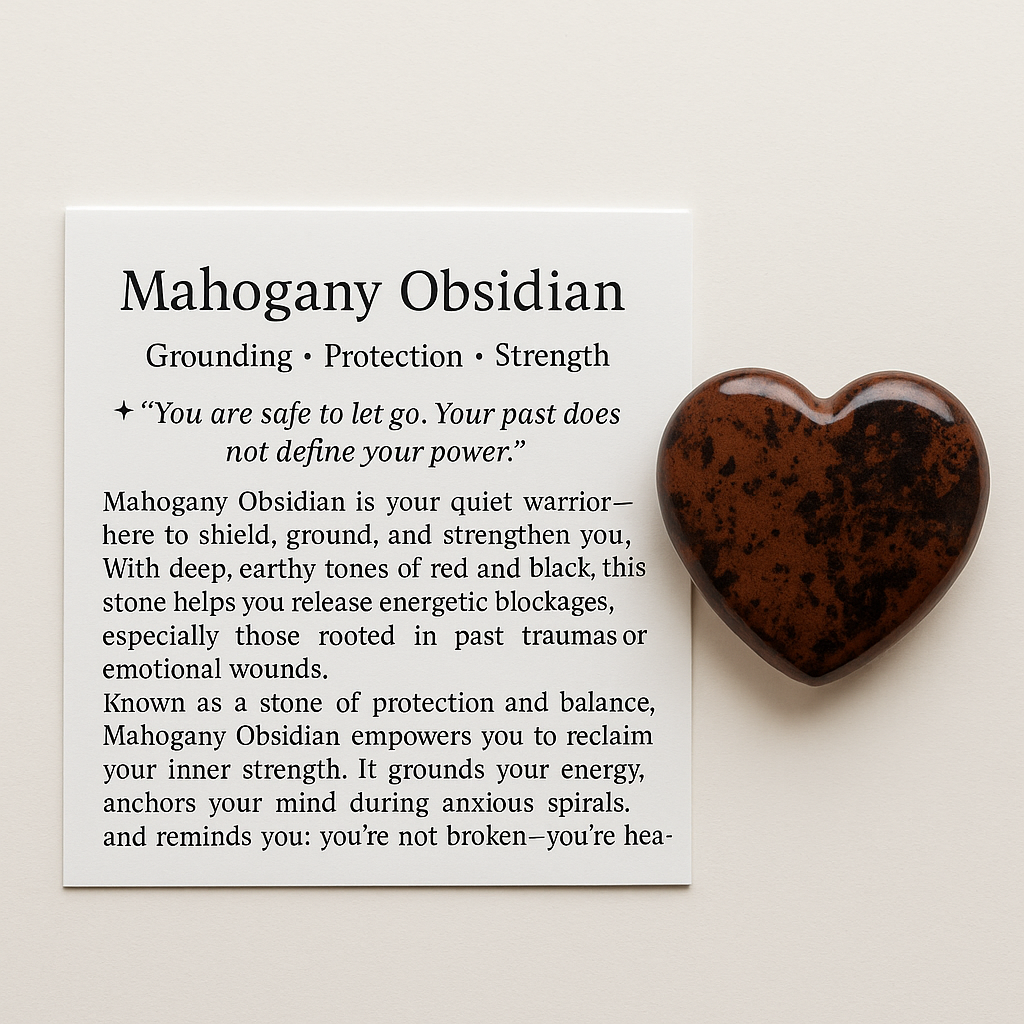 Mahogany Obsidian heart worry stone for anxiety, grief, and grounding – healing thumb stone with info card for stress relief and meditation