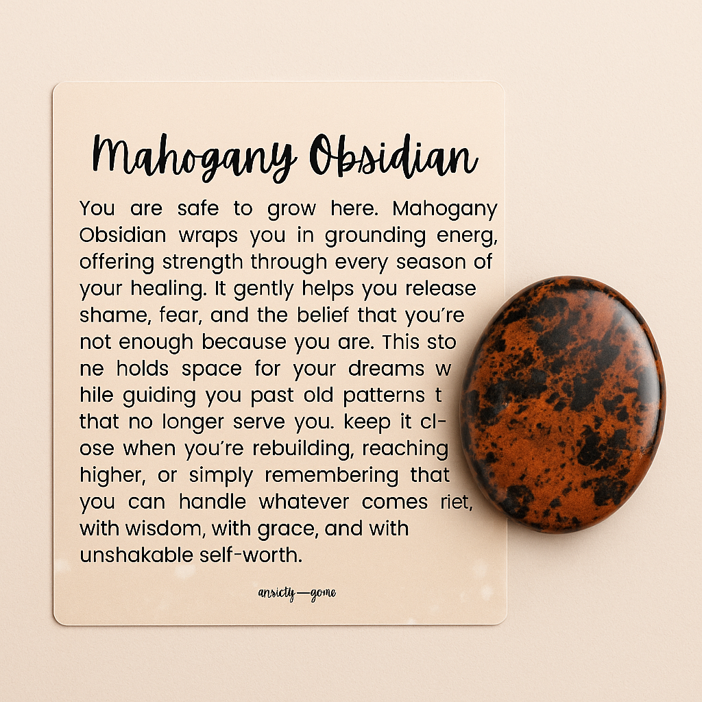 Mahogany Obsidian worry stone for anxiety, stress relief, and grounding – polished oval thumb stone with info card for emotional healing and protection