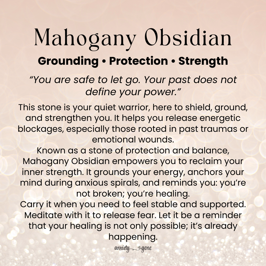 Mahogany Obsidian worry stone for anxiety, stress relief, and grounding – polished oval thumb stone with info card for emotional healing and protection