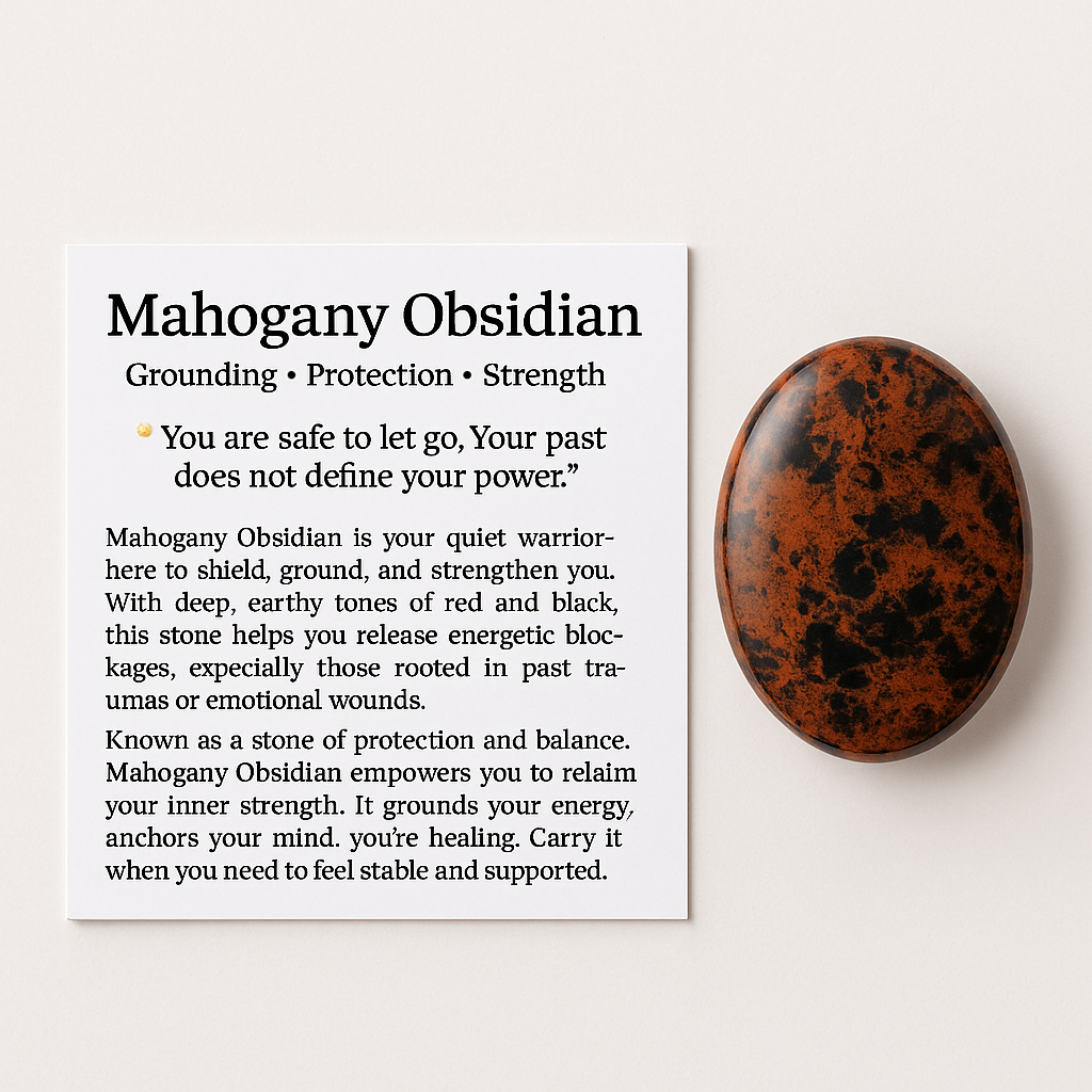 Mahogany Obsidian worry stone for anxiety, stress relief, and grounding – polished oval thumb stone with info card for emotional healing and protection