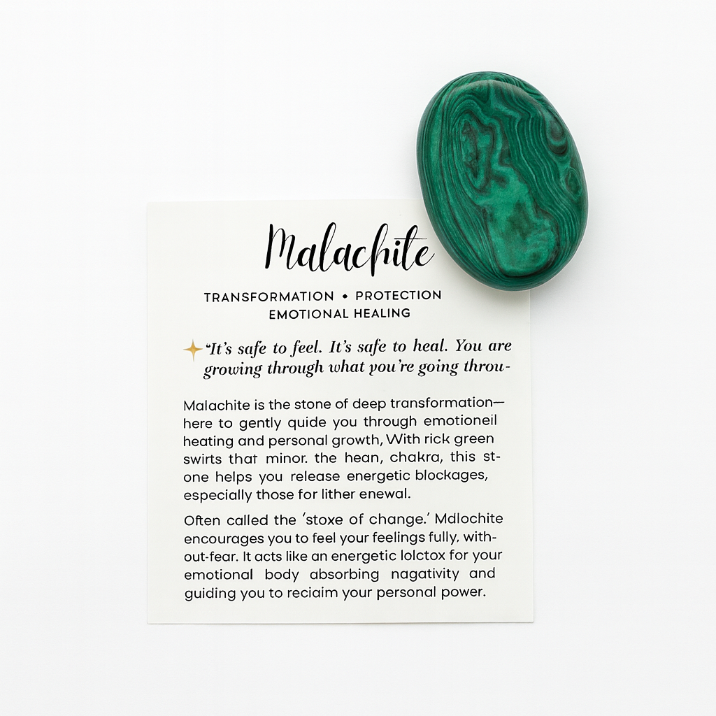 Polished malachite worry stone for emotional healing, transformation, and protection – natural thumb crystal with info card for anxiety and stress relief