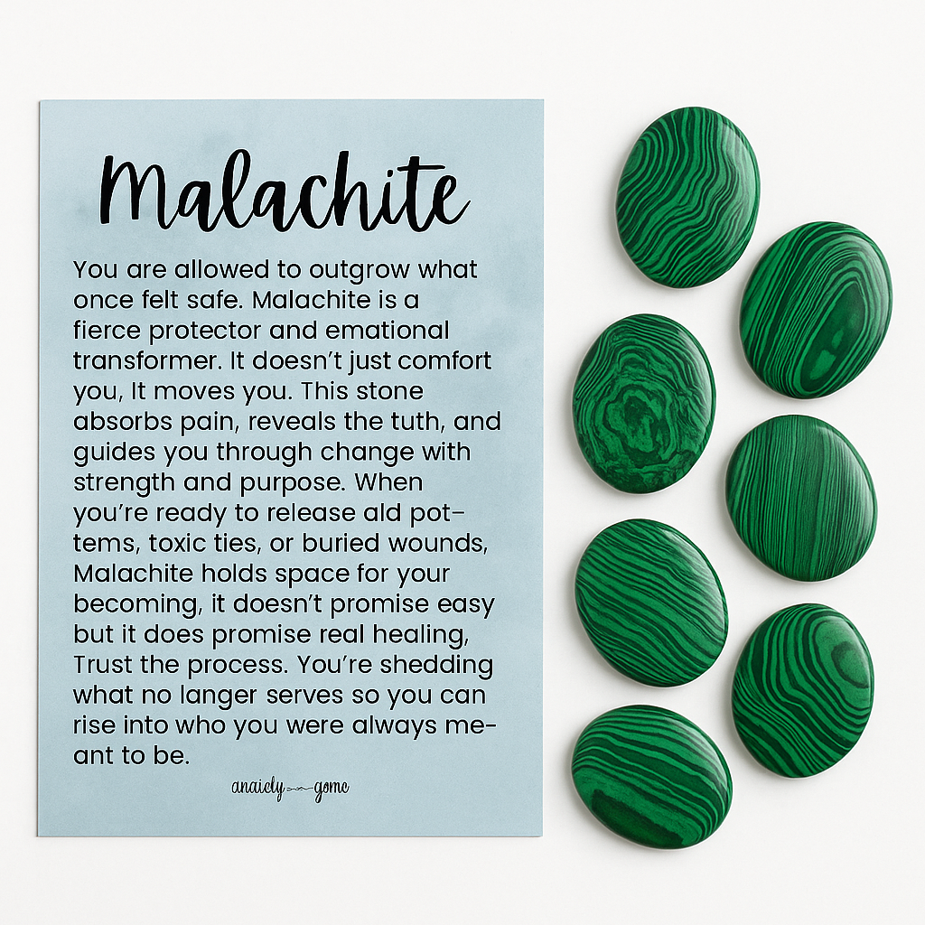 Polished malachite worry stone for emotional healing, transformation, and protection – natural thumb stone with info card for anxiety and stress relief