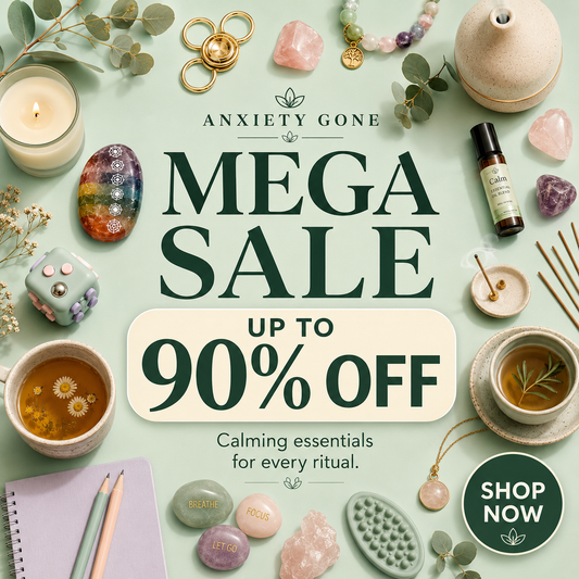 A promotional sale graphic for 'Anxiety Gone' featuring the text 'MEGA SALE UP TO 90% OFF' in dark green and cream, surrounded by calming wellness items including crystals, a candle, a cup of tea, stones, a diffuser, and an essential oil bottle on a pale mint background.