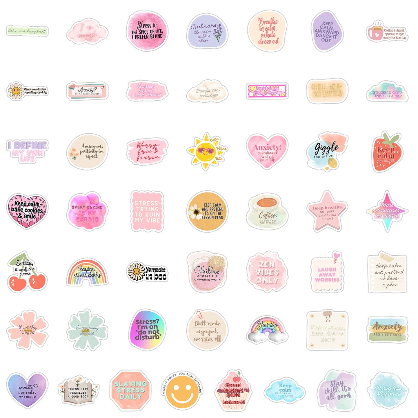 mental health stickers pack with positive affirmations and anxiety relief quotes, 55PCS vinyl anxiety stickers with self care messages and therapy support, motivational stickers for mental health journaling, laptops, and planners, uplifting waterproof mental health stickers for depression and anxiety support, cute cartoon-style mental health awareness sticker bundle for teens and adults, eco-friendly PVC mental health stickers for students and therapists, aesthetic mental health planner stickers with daily 
