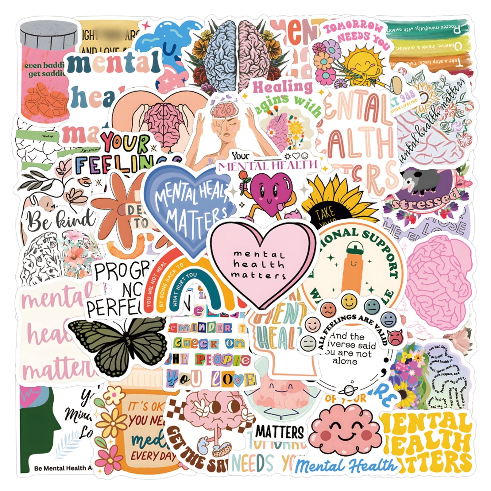 mental health stickers pack with positive affirmations and anxiety relief quotes, 55PCS vinyl anxiety stickers with self care messages and therapy support, motivational stickers for mental health journaling, laptops, and planners, uplifting waterproof mental health stickers for depression and anxiety support, cute cartoon-style mental health awareness sticker bundle for teens and adults, eco-friendly PVC mental health stickers for students and therapists, aesthetic mental health planner stickers with daily 