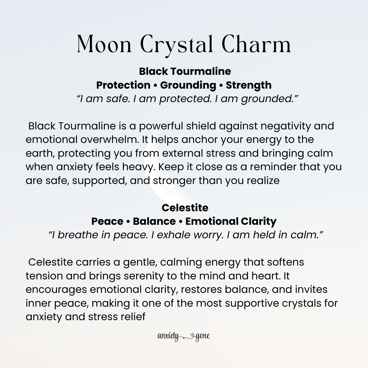 Black Tourmaline and Celestite Hanging Crystal Charm with Crescent Moon symbol, healing crystal charm for protection, grounding, and anxiety relief, calming crystal car charm, gemstone hanging ornament for home or meditation space, spiritual crystal charm for transformation and new beginnings, black tourmaline charm for energy protection, celestite charm for inner peace and emotional clarity, crescent moon crystal décor gift for women and men