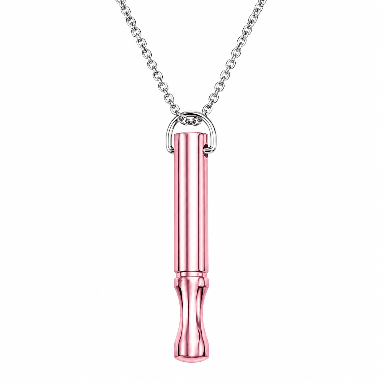 A rose gold metal breathing pendant necklace on a silver link chain, shown against a plain white background.