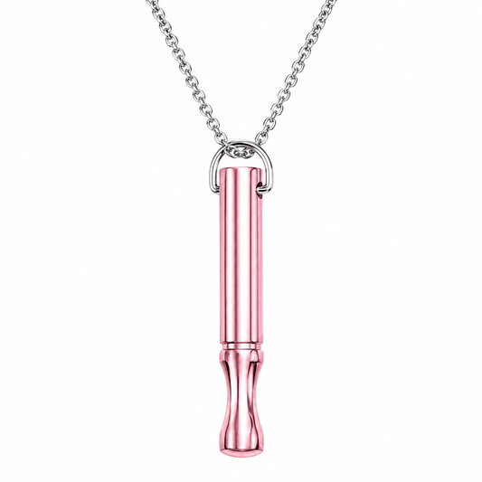 A rose gold metal breathing pendant necklace on a silver link chain, shown against a plain white background.