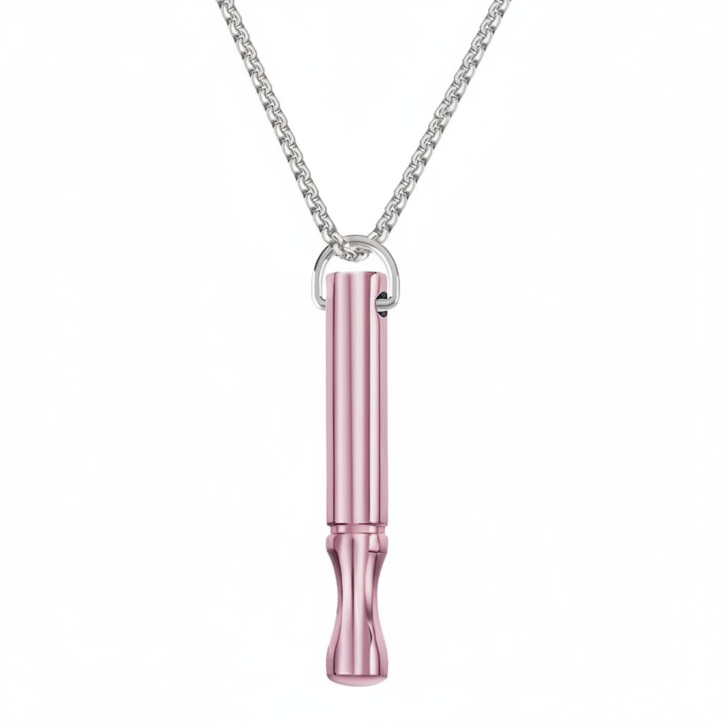 Pink breathing necklace for kids on a stainless steel chain