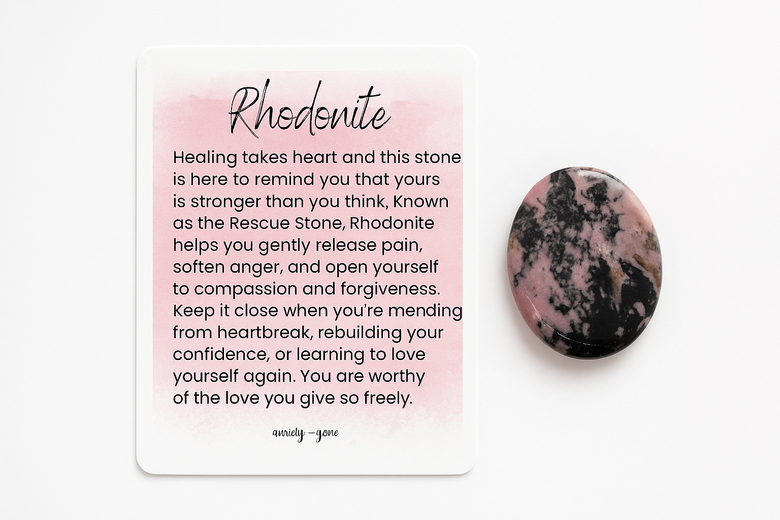 Polished rhodonite worry stone for anxiety, heartbreak, and emotional healing – natural thumb stone with info card