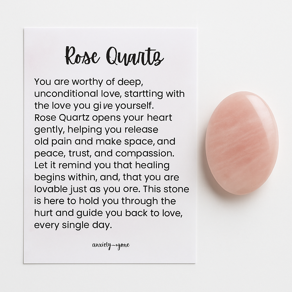 Polished rose quartz worry stone for self-love, anxiety relief, and emotional healing – natural thumb stone with info card
