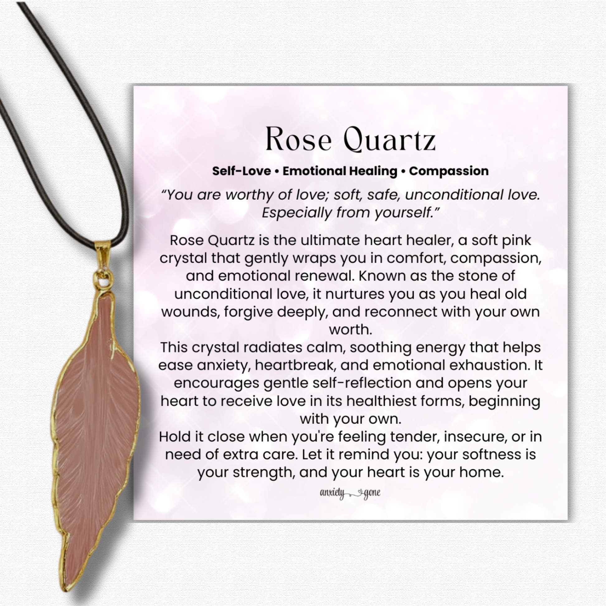 Let Go Rose Quartz Leaf Gemstone Necklace for healing crystals for anxiety, emotional healing, gemstone jewelry, and spiritual gifts.
