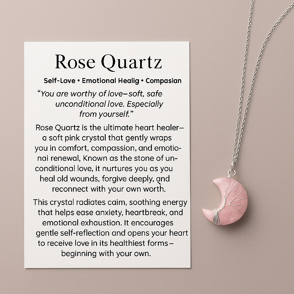 Rose Quartz Crescent Moon Gemstone Necklace with Tree of Life for emotional healing, love, and spiritual growth, making it great for spiritual gifts or presents for someone with anxiety. 