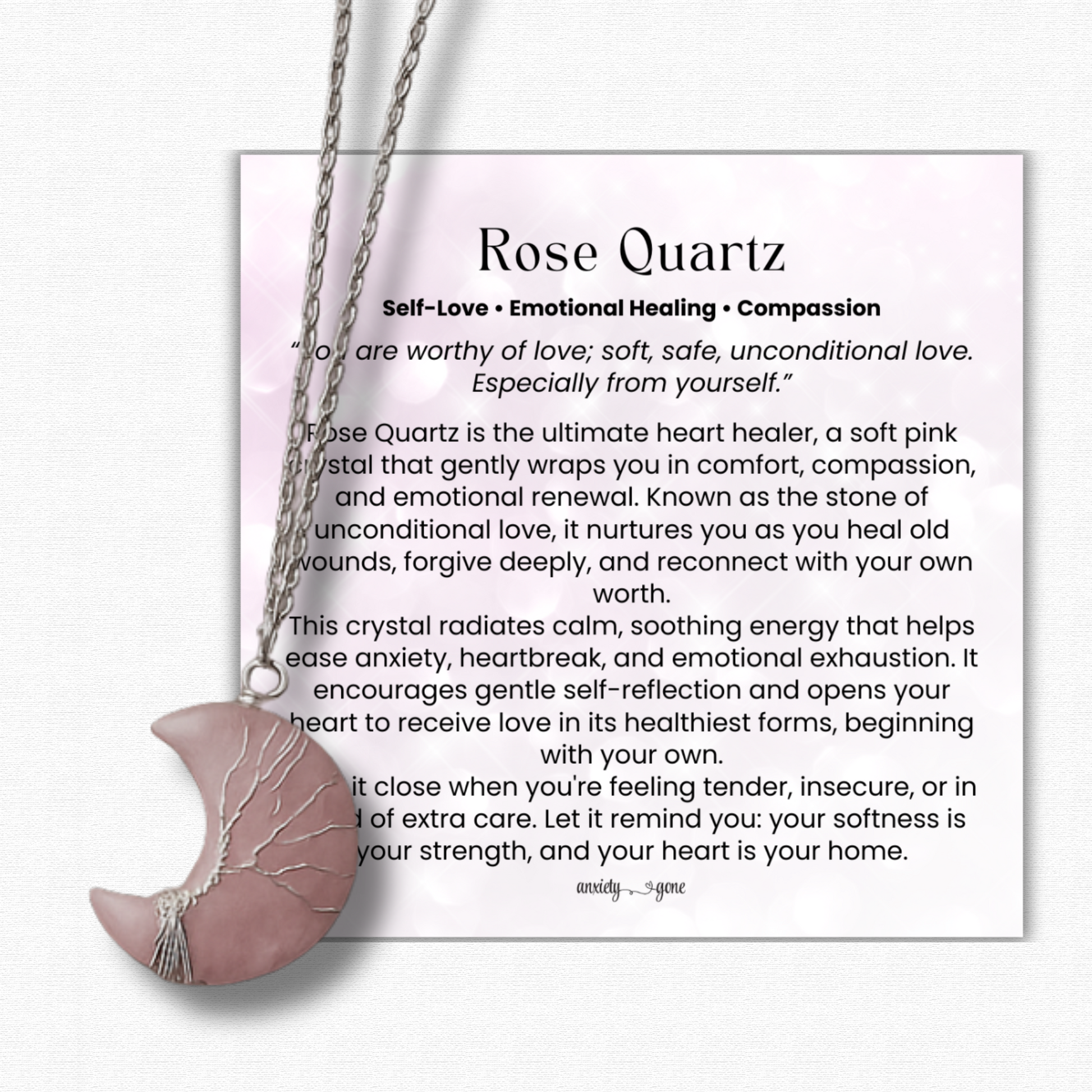 Rose Quartz Crescent Moon Gemstone Necklace with Tree of Life for emotional healing, love, and spiritual growth, making it great for spiritual gifts or presents for someone with anxiety.
