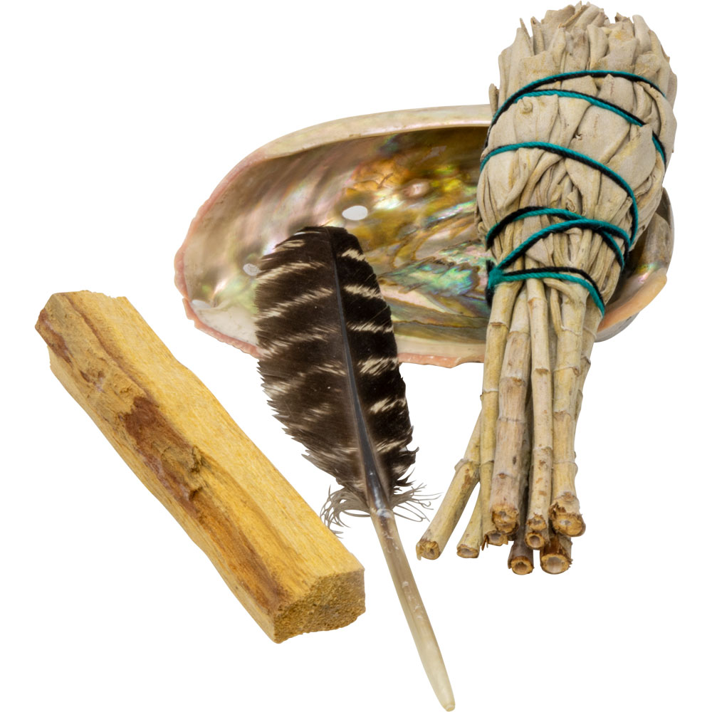 Beginner's Mini Smudging Kit with abalone shell, smudge stick, palo santo, and feather for energy cleansing, spiritual healing, and anxiety relief