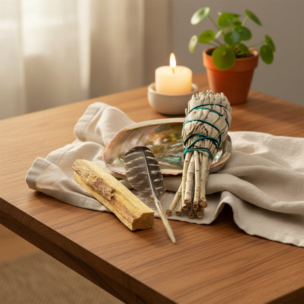 Beginner's Mini Smudging Kit with abalone shell, smudge stick, palo santo, and feather for energy cleansing, spiritual healing, and anxiety relief