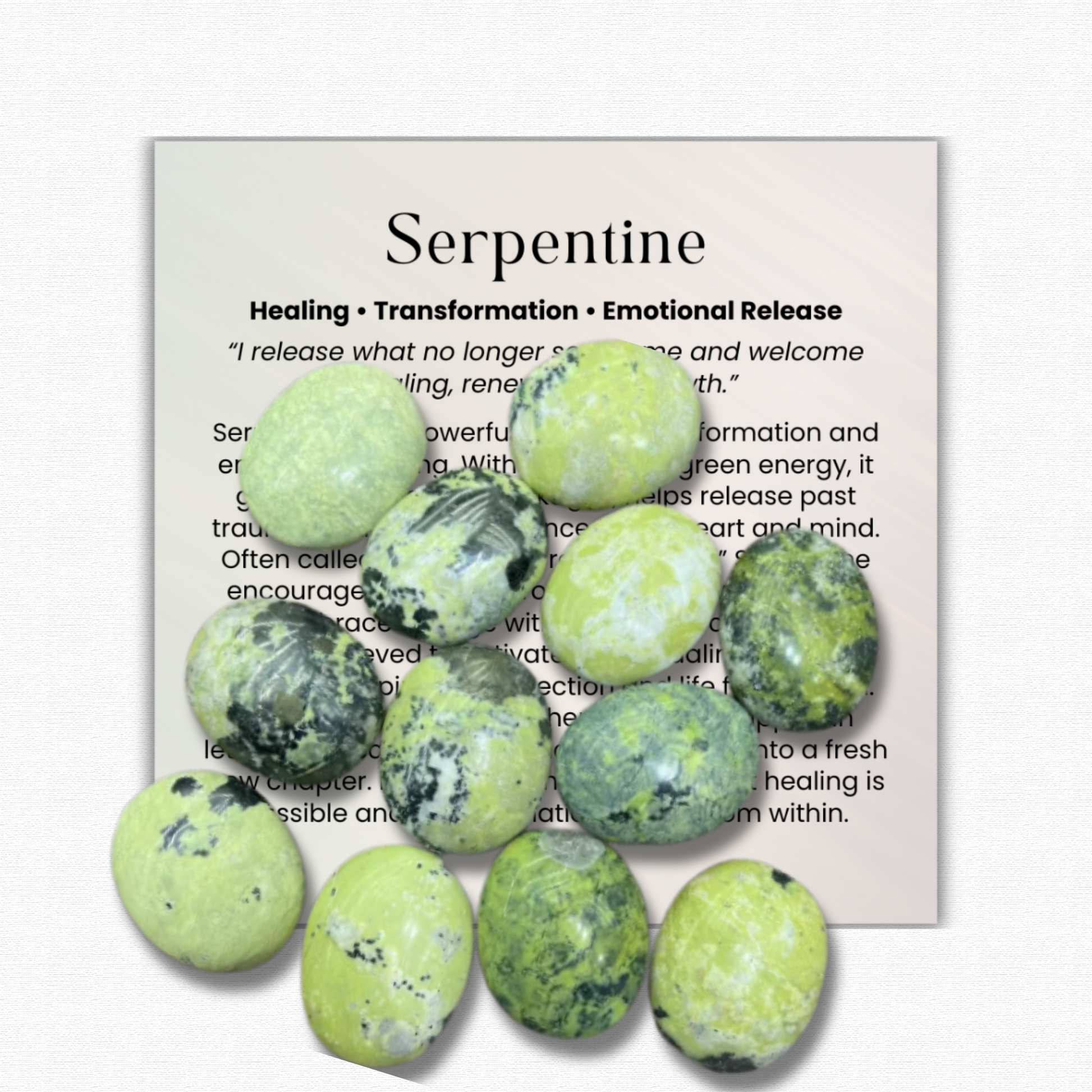 Serpentine Tumbled Stone 1–2 inches, polished green healing crystal for emotional release and renewal, serpentine gemstone for transformation and balance, natural serpentine pocket stone for meditation and mindfulness, calming crystal for stress relief and trauma healing, genuine serpentine stone for Kundalini awakening and spiritual growth, tumbled gemstone for energy healing and grounding, serpentine crystal gift for women and men
