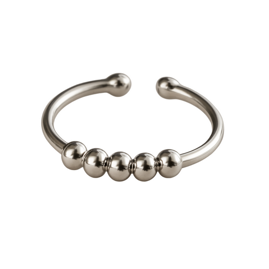 Flow Sterling Silver Adjustable Beaded Ring displayed with its Anxiety Gone gift box and pouch
