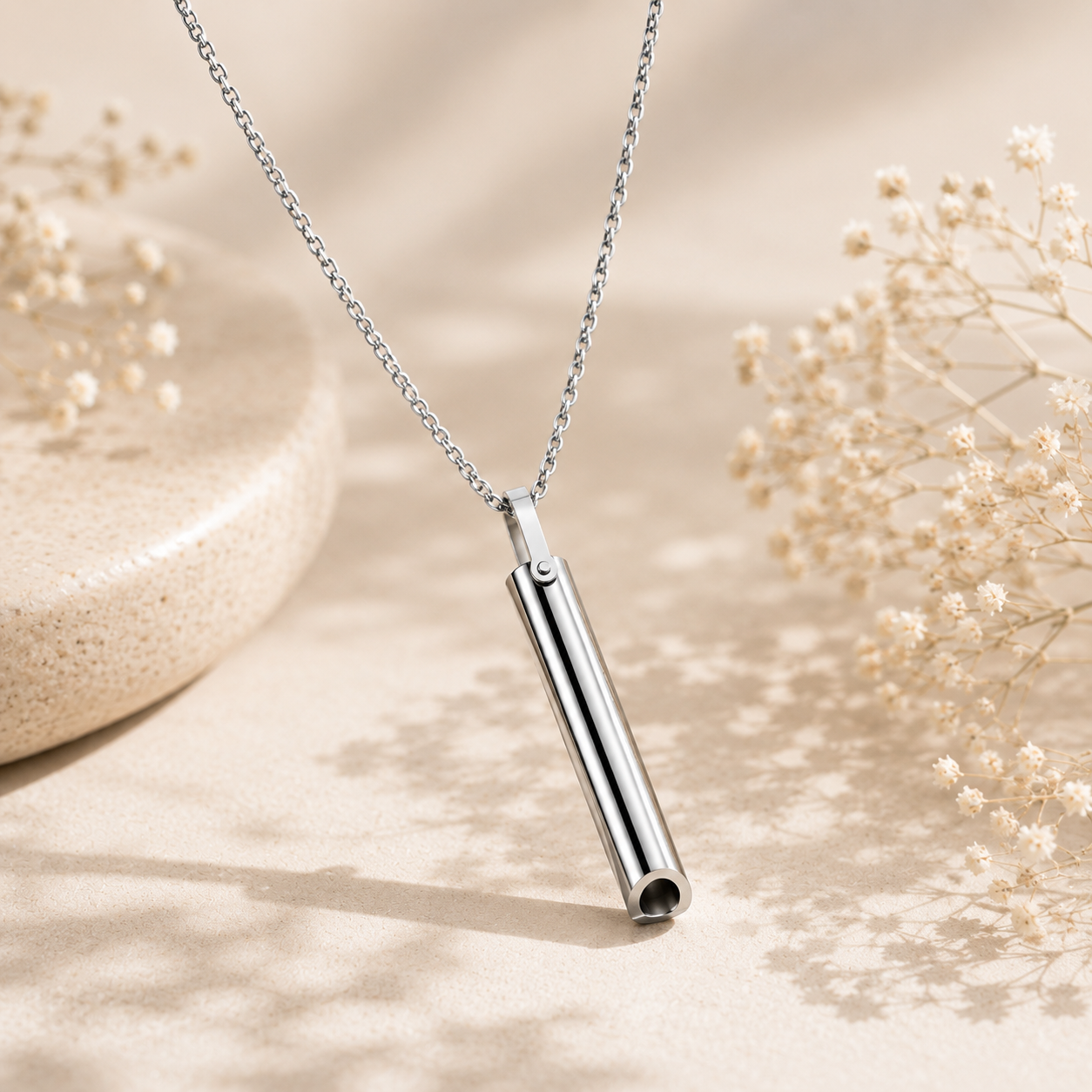 A polished silver breathing necklace that lengthens your exhale and calms your nervous system. A discreet, wearable breathing tool for anxiety and overwhelm.
