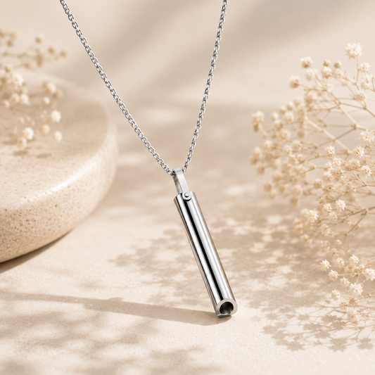 A polished silver breathing necklace that lengthens your exhale and calms your nervous system. A discreet, wearable breathing tool for anxiety and overwhelm.
