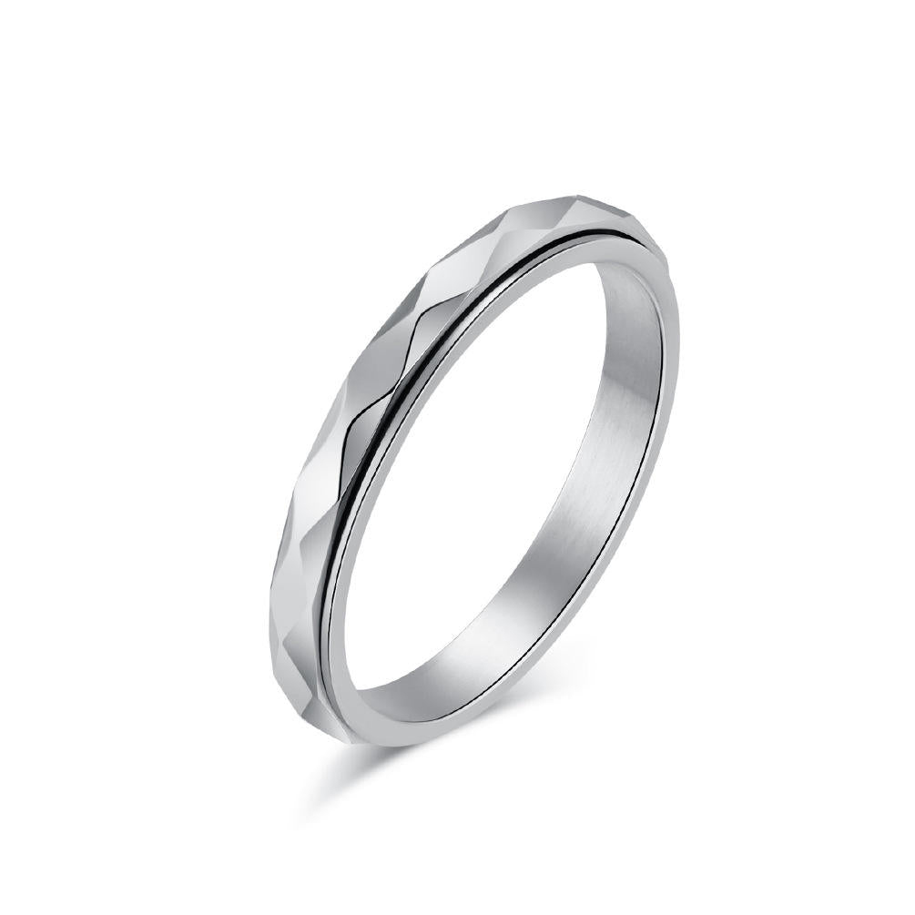 Silver stainless steel fidget ring with polished rippled outer band