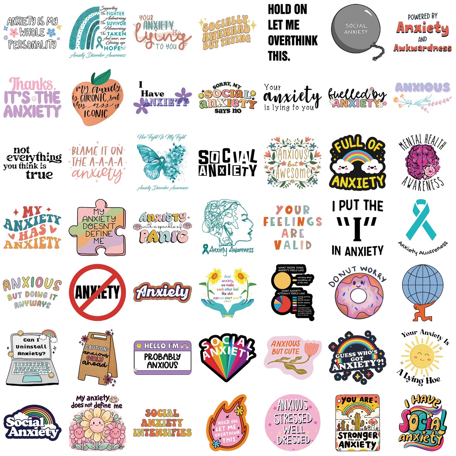 mental health stickers pack with positive affirmations and anxiety relief quotes, 55PCS vinyl anxiety stickers with self care messages and therapy support, motivational stickers for mental health journaling, laptops, and planners, uplifting waterproof mental health stickers for depression and anxiety support, cute cartoon-style mental health awareness sticker bundle for teens and adults, eco-friendly PVC mental health stickers for students and therapists, aesthetic mental health planner stickers with daily 