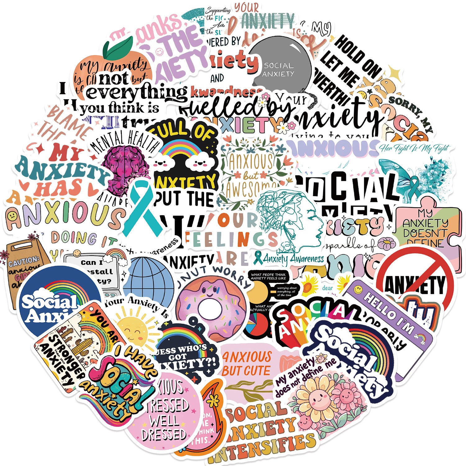 mental health stickers pack with positive affirmations and anxiety relief quotes, 55PCS vinyl anxiety stickers with self care messages and therapy support, motivational stickers for mental health journaling, laptops, and planners, uplifting waterproof mental health stickers for depression and anxiety support, cute cartoon-style mental health awareness sticker bundle for teens and adults, eco-friendly PVC mental health stickers for students and therapists, aesthetic mental health planner stickers with daily 