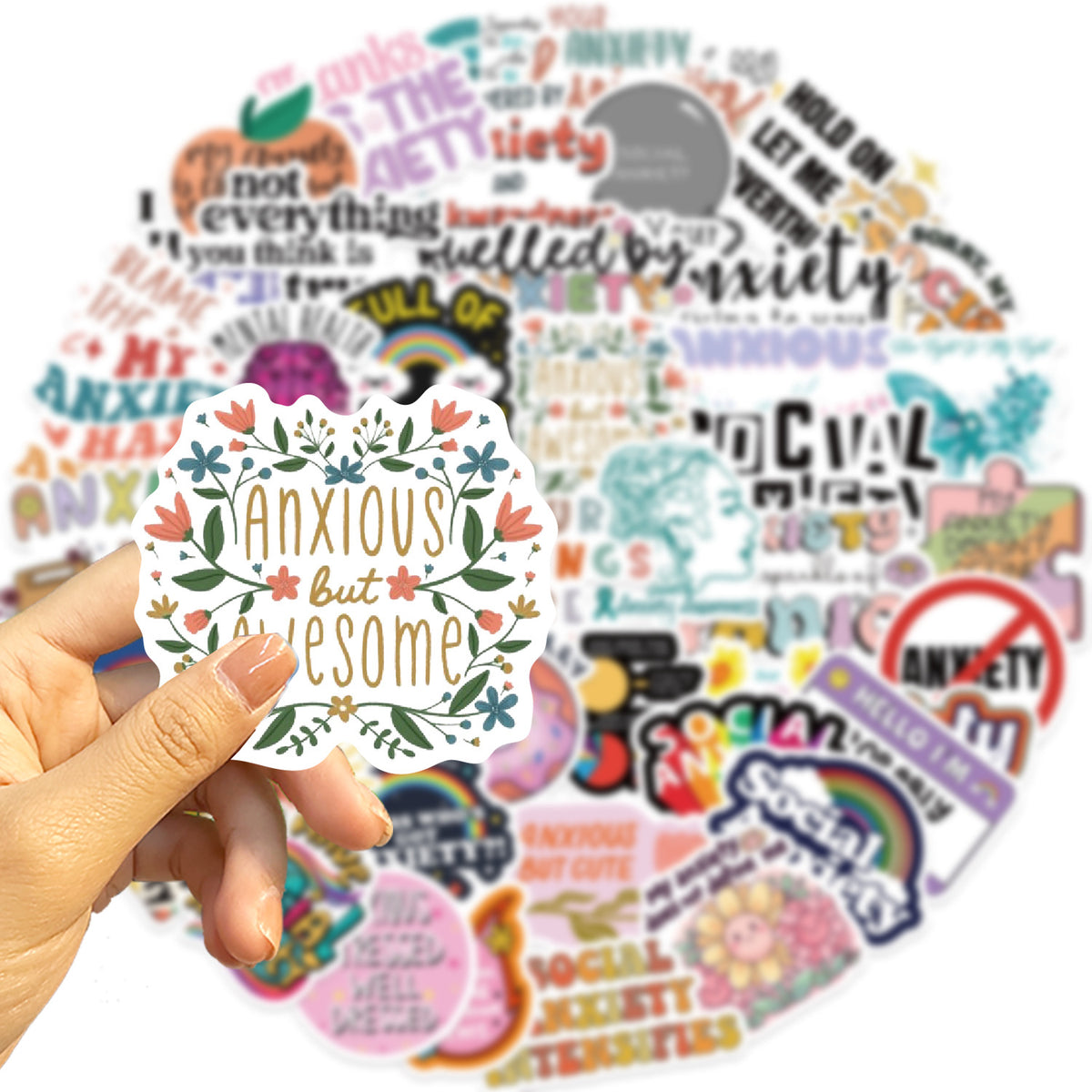 mental health stickers pack with positive affirmations and anxiety relief quotes, 55PCS vinyl anxiety stickers with self care messages and therapy support, motivational stickers for mental health journaling, laptops, and planners, uplifting waterproof mental health stickers for depression and anxiety support, cute cartoon-style mental health awareness sticker bundle for teens and adults, eco-friendly PVC mental health stickers for students and therapists, aesthetic mental health planner stickers with daily 