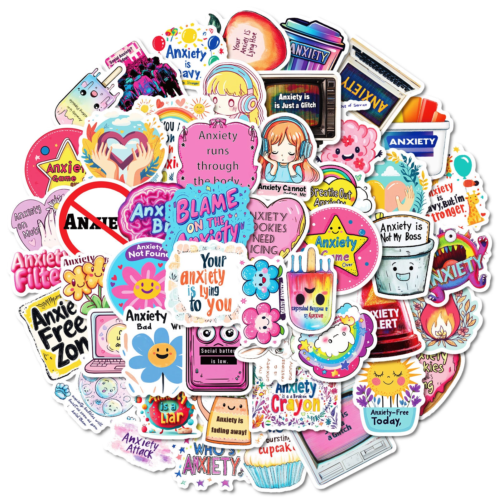 mental health stickers pack with positive affirmations and anxiety relief quotes, 55PCS vinyl anxiety stickers with self care messages and therapy support, motivational stickers for mental health journaling, laptops, and planners, uplifting waterproof mental health stickers for depression and anxiety support, cute cartoon-style mental health awareness sticker bundle for teens and adults, eco-friendly PVC mental health stickers for students and therapists, aesthetic mental health planner stickers with daily 