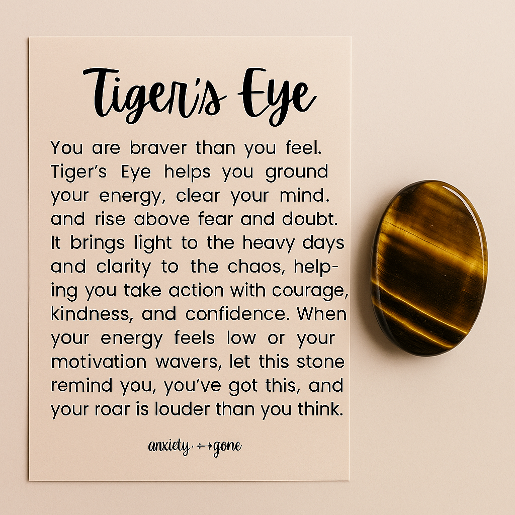 Polished Tiger’s Eye worry stone for anxiety relief, confidence, and stress support – natural thumb stone with info card"