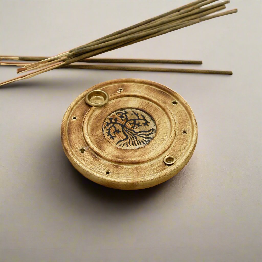 Copper Tree of Life Wood Incense Holder with 6 slots for incense sticks and a brass plate for incense cones.