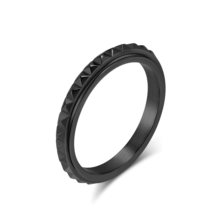 Close-up of the matte black ridges on the Overcome Black Geometric Fidget Ring