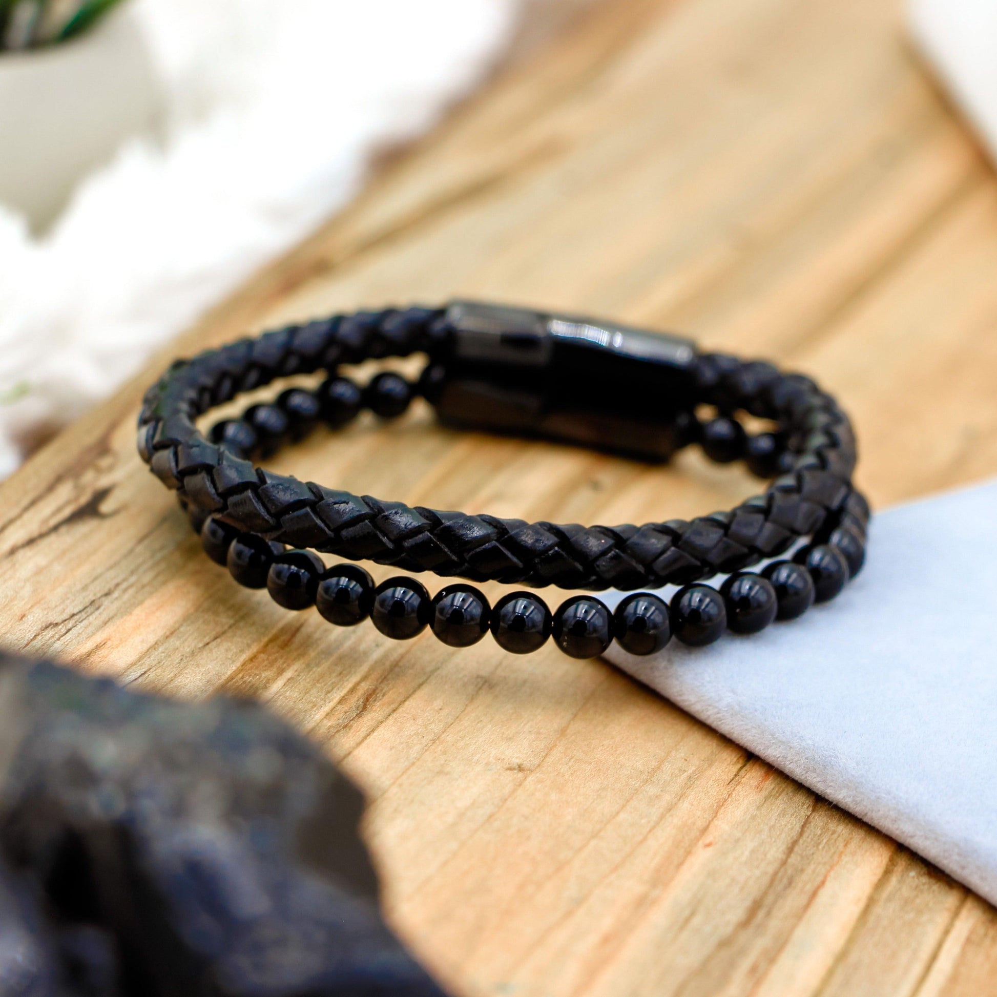 Grounding Black Agate Leather Bracelet for emotional healing, mental balance, and protection.