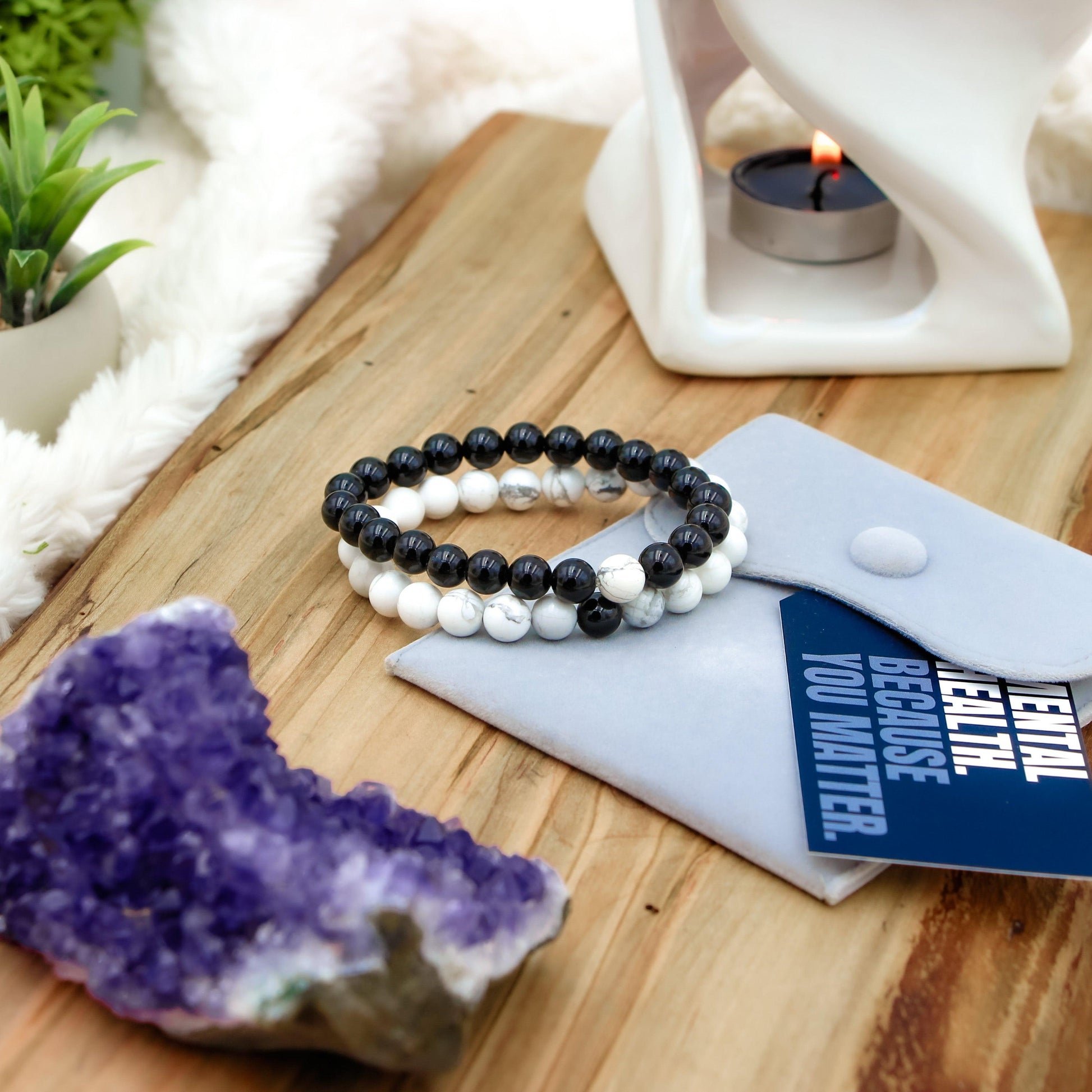 Yin and Yang Gemstone Friendship Bracelet Set with white howlite and black agate stones for balance, connection, and emotional growth.