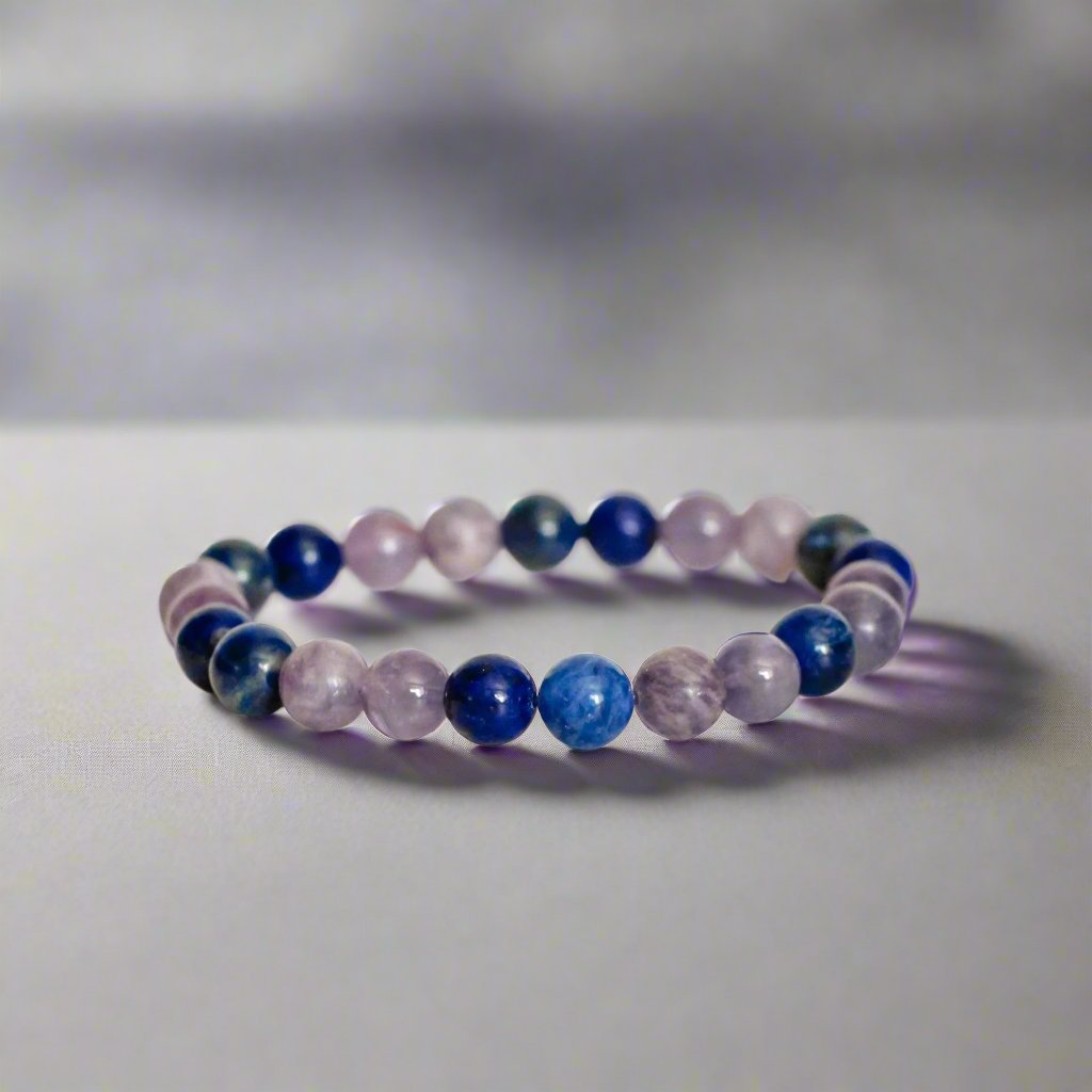 Anti-Anxiety Healing Bracelet with the best healing crystals for anxiety, sodalite, amethyst, lapis lazuli, and lepidolite stones for anxiety relief and emotional balance, making it perfect for spiritual gifts. 