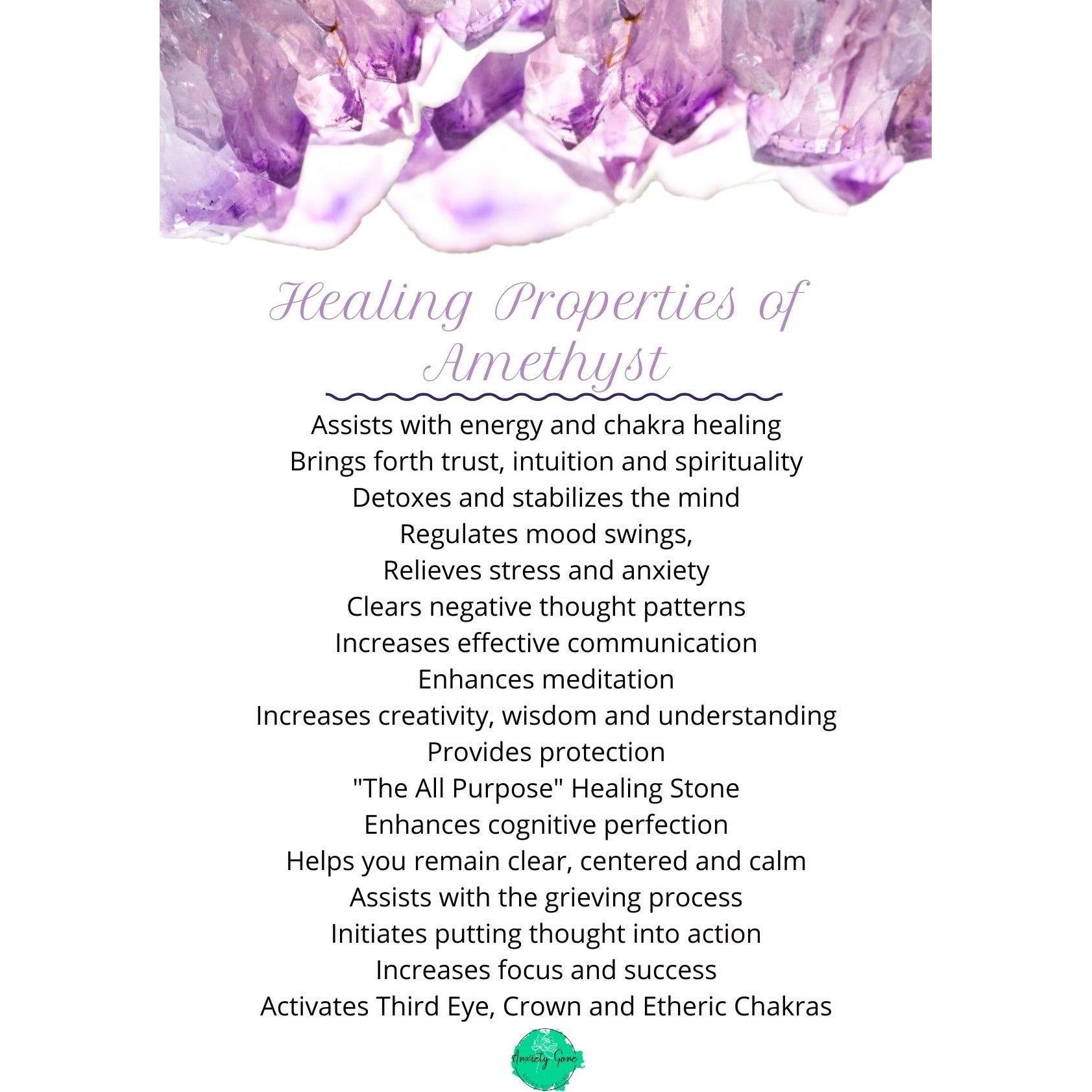 Amethyst healing card with list of benefits