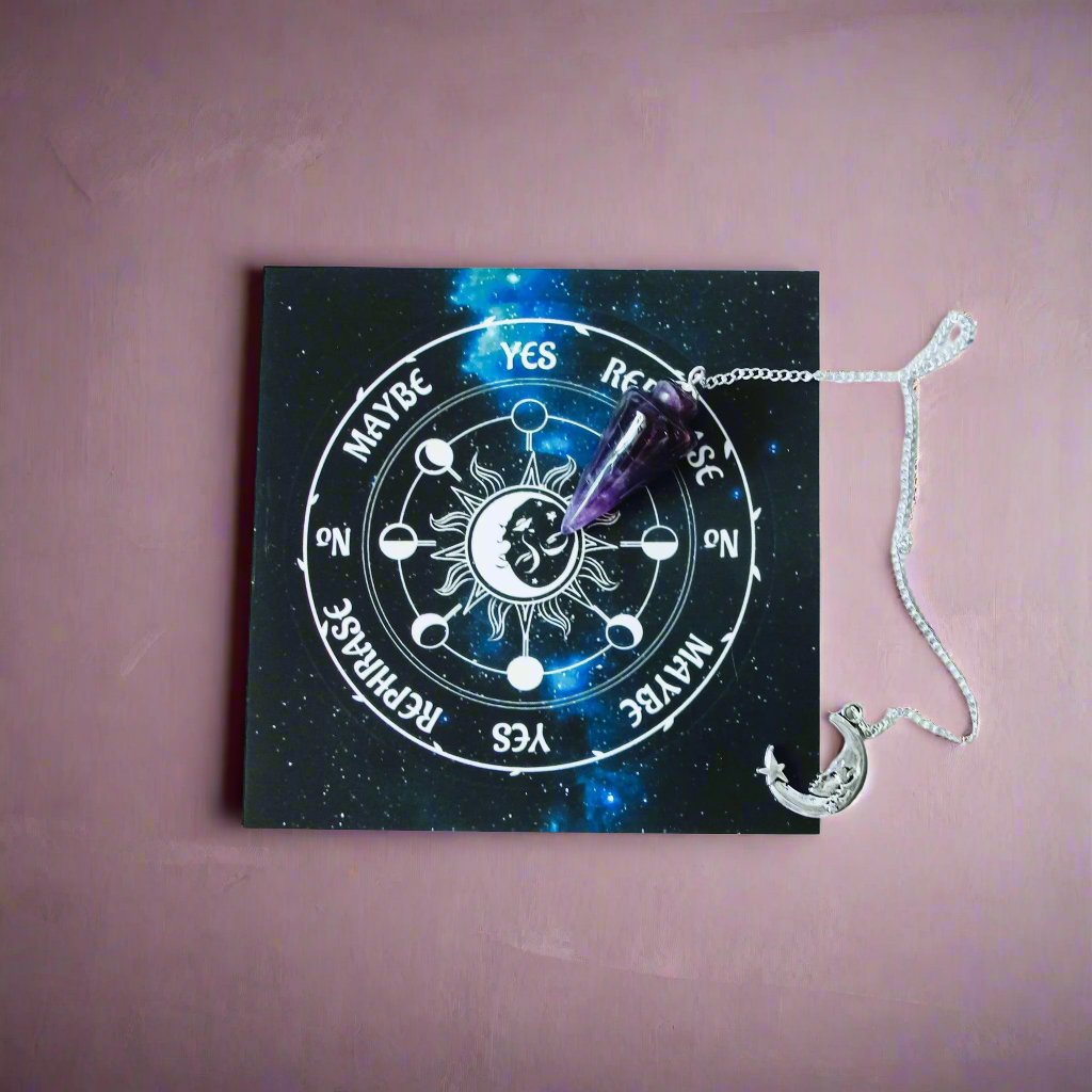 amethyst pendulum, amethyst crystal pendulum, pendulum with moon charm, moon chain crystal pendulum, amethyst dowsing pendulum, purple crystal pendulum, amethyst pendulum for divination, moon pendulum with amethyst, amethyst pendulum necklace