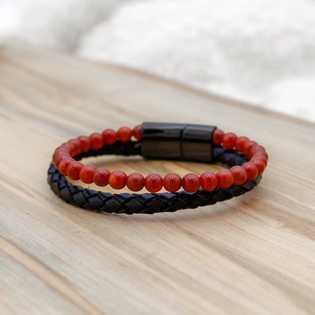 red agate bracelet, agate beaded bracelet, red agate jewelry, confidence stones, confidence gemstones, stones for anxiety, stones for mental health, genuine leather bracelets, bracelets for men,