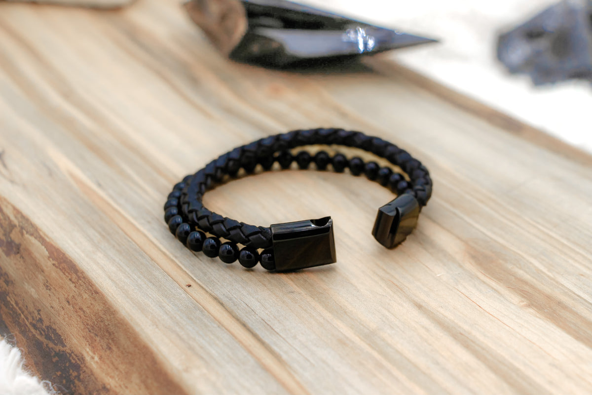 black agate bracelet, beaded bracelet, genuine leather bracelet, bracelet for men, magnetic bracelet, gemstone jewelry, luxury gemstone jewelry, agate bracelet
